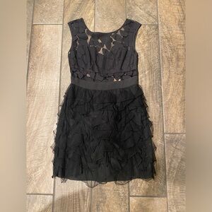 BCBGeneration Black Semi Sheer Floral Top Layered Ruffle Skirt Dress